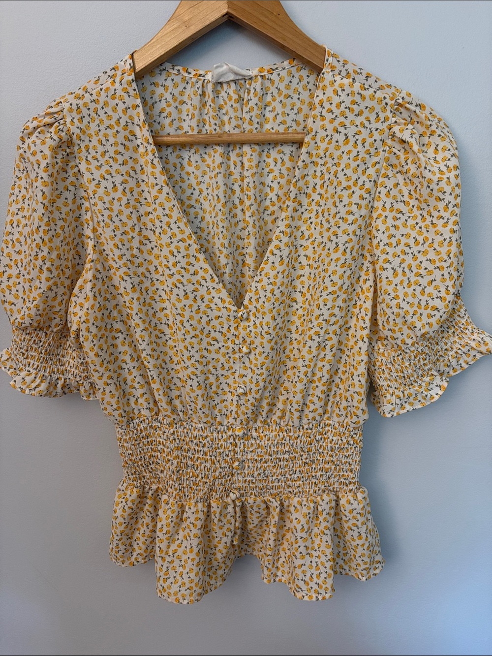Sienna Sky Yellow Floral Smocked Peplum V-Neck Blouse